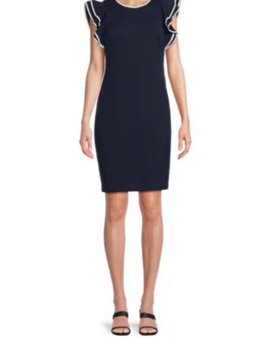Tommy Hilfiger Black Midi Dress with White Trim Puff Sleeves - Picture 8 of 9